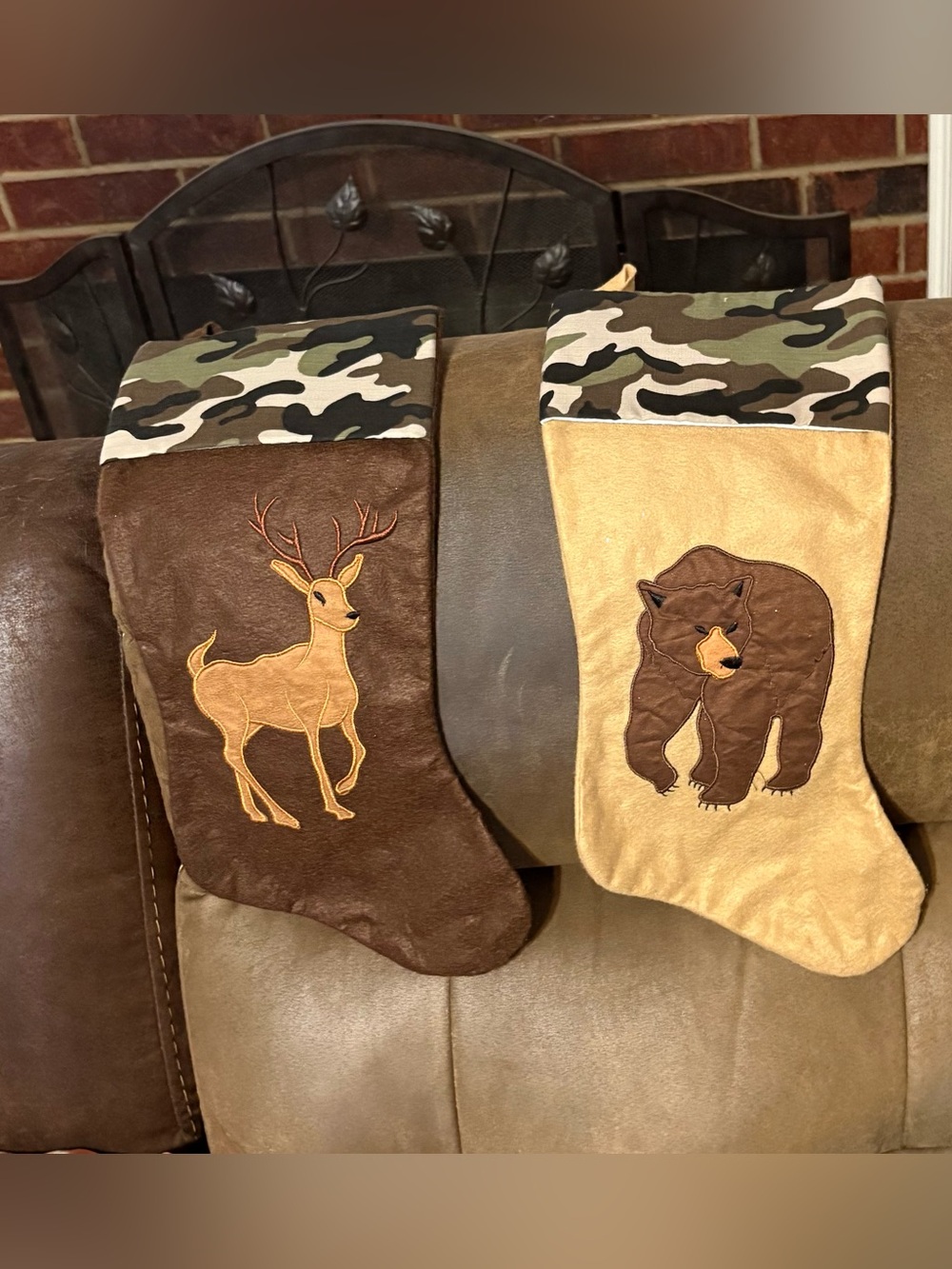 Rustic Woodland Deer & Bear Holiday Stockings with Camouflage Cuff - Set of 2